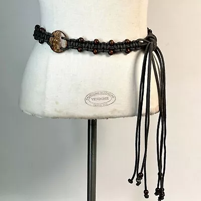 Boho Hippie Tie Belt Women Large Brown Coconut Medallion Beaded Fringe Macrame • $15.38