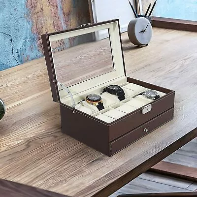 Mens Leather Watch Organizer Storage Box 2 Layer Jewelry Display Lockable Case • $27.99