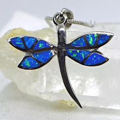 Blue Fire Opal Sterling Silver Dragonfly Unusual Pendant Clarity Balance Reiki • £27.50