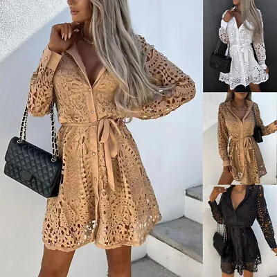 £5.69 • Buy Womens Sexy Button Boho Lace Shirt Dress Ladies Long Sleeve Hollow Out Sundress