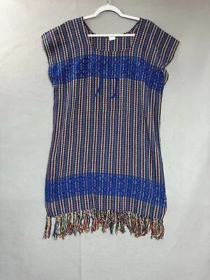 Mexican Dress Womens Large Blue Woven Fringe Boho Peasant Tunic Folk Casual • $44.97