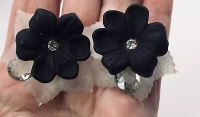 Vintage Black White Flower Acrylic Plastic Lucite Earrings Rhinestone Pierced • $9.99
