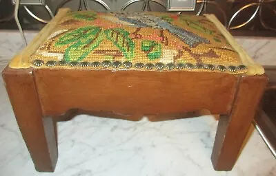 Vintage Small Wood Bluebird Needlepoint Foot Stool Country Primitive • $45