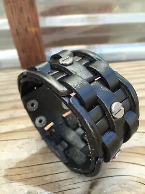 Rock Punk Mens Braided Studded Black Leather Wide Cuff Bracelet Wristband Bangle • $9.99