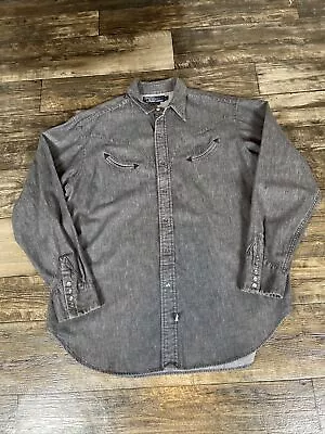 Vintage Polo Ralph Lauren Western Pearl Snap Shirt Mens Large Distressed Denim • $59.99