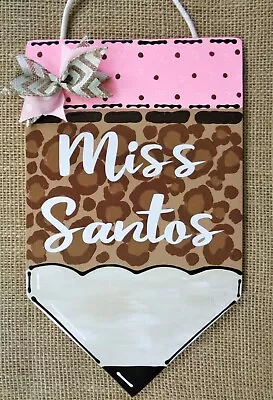 Personalize CHEETAH Print TEACHER PENCIL SIGN Plaque School Wall Door Hanger • $13