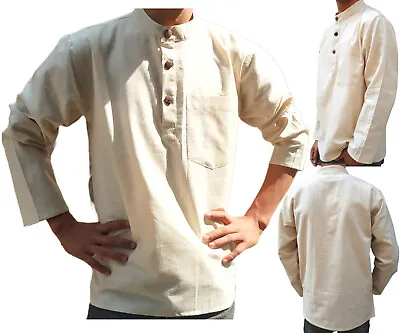 Linen Flax Grandad Full Half Sleeve Kurta Shirt 3 Flat Button Men's  Collarless • £16.99