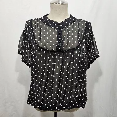 Hot Tempered Blouse Women Medium Black Polka Dot Sheer Front Yoke Mock Edwardian • £8.02