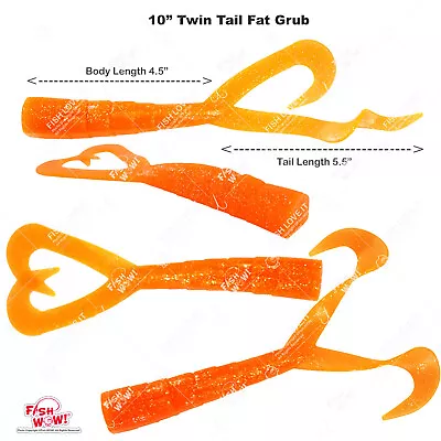 Fish WOW! 4pcs 10  (w/ Tail Extended Twin Tail Perch Grub Fat Scampi Bait Orange • $15.88