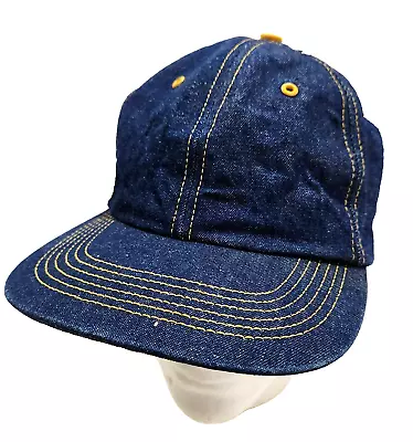 Denim Snapback Cap Trucker Hat Blue Jean Yellow Stitching Vintage USA Made • $19.99