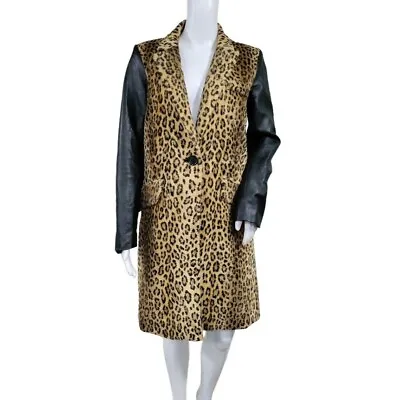 Milly Leopard Print Faux Fur Genuine Lambs Leather Coat Jacket Women's Brown M • $130