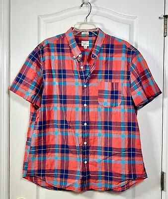 J Crew Indian Madras Shirt Men's XL Plaid Short Sleeve Button Red Blue Classic • $14.99