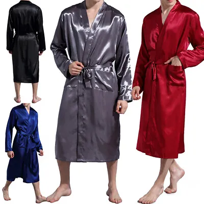Men's Satin Silk Bathrobe Long Sleeve Kimono Robes Lounge Pajamas Sleepwear New • $22.99