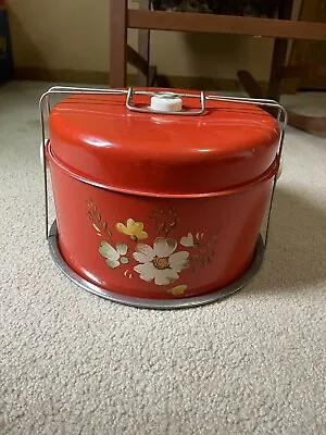 Vintage Cake Carrier Tin Metal Floral Red Hand Painted • $25