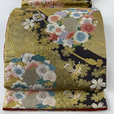 Woman Japanese Kimono Fukuroobi Silk Flower Circle Butterfly Gold Silver Foil • £84.54