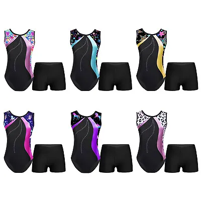 UK Kids Girls Gymnastics Leotard And Shorts Set Dance Jumpsuit Unitards Costumes • £13.23