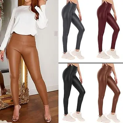 Womens Ladies Wet Look Leather High Waist Shiny Leggings Stretch Pant Trouser • £9.49