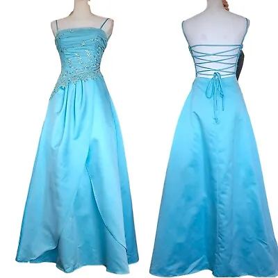 Y2K 2000s Sz 4 Aqua Blue Prom Dress Formal Gown Laceup Back Princess Satin • $149.99