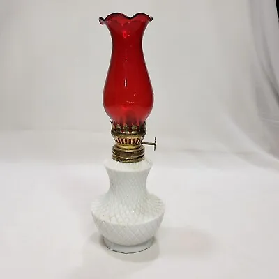 Vintage Miniature Oil Lamp Milk Glass Font Red Shade Burner Marked Hong Kong • $24.95