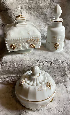 Vintage Westmoreland 6 Pc Vanity Set Milk Glass Gold Grape Dresser Trinket Boxes • $100