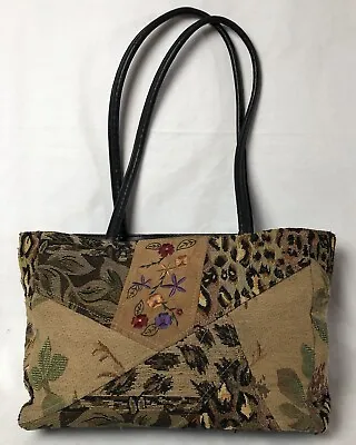 Vtg Sonoma Carpet Shoulder Bag Purse Beige Jacquard Faux Leather Floral Suede • $14.99