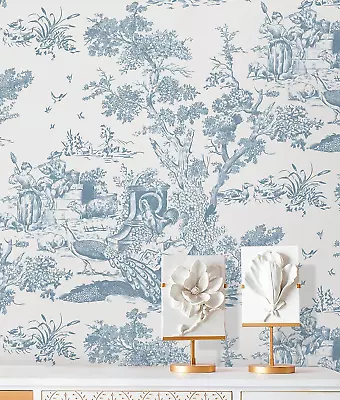 Peel & Stick Wallpaper Blue & White Wallpaper Toile Removable Self-Adhesive 16×7 • $19.97