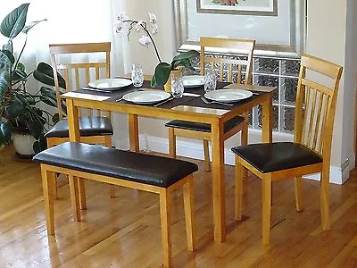 5 Pcs Dining Kitchen Set Rectangular Table 3 Warm Chairs Bench In Maple Finish • $450