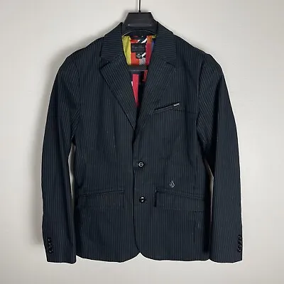Volcom Blazer Mens Small Corpo Class Black Pinestripe Jacket Colorful Lining * • $36.99