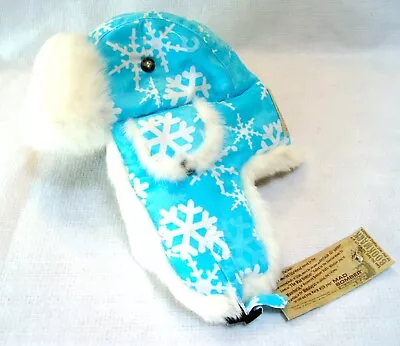 NWT MAD BOMBER SNOWFLAKE BLUE & WHITE TRAPPER HAT W/ WHITE RABBIT FUR Size M • $24