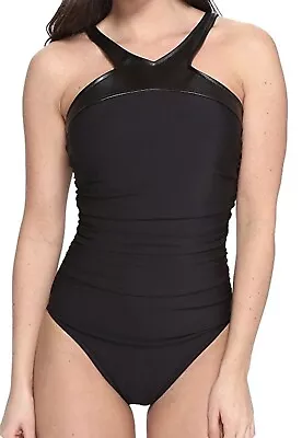 MIRACLESUIT Magicsuit Bonnie Black Leather Trim High Neck 1pc Swimsuit Womens 16 • $112.42