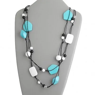 Retro Vintage Chunky Black White Clear Turquoise Acrylic Beads 54  Long Necklace • $24.95