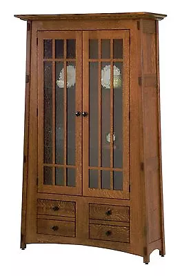 Amish Mission Arts & Crafts Bookcase Solid Wood Glass Doors Lighted McCoy • $3650