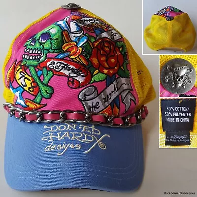 Ed Hardy Embroidered Skull Rose Tattoo Snapback Hat. Magenta. Yellow Mesh. Chain • $59.95