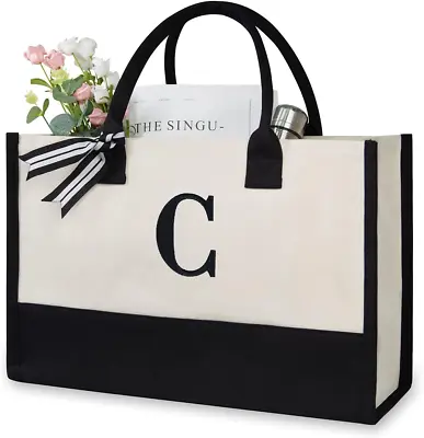 Personalized Initial Canvas Beach Bag Monogrammed Gift Tote Bag For Women • $28.53