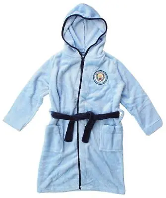 Boys Official Man City MCFC Hooded Fleece Dressing Gown Bathrobe 3 To 12 Years • £12.99