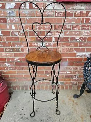 Vtg Black Wrought Iron Ice Cream Parlor Chair Bar Stool Wood Seat #3 • $139.99