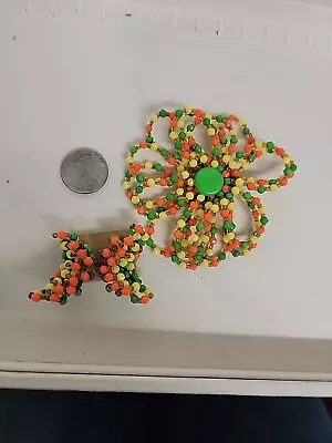 Vintage West Germany Bright Neon Beaded Flower Brooch & Clip Earrings MCM 3.5  • $45