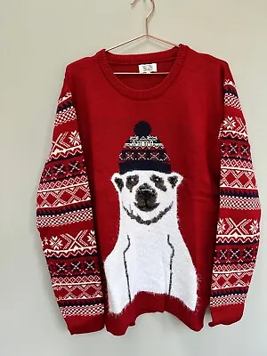 Nizzin Christmas Jumper Mens Large Red Polar Bear Holiday Sweater • £8.50