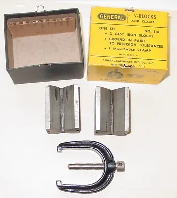 $42 • Buy Vintage GENERAL Hardware MFG. CO. INC 2 V-Blocks & 1 Clamp Set No. 116 USA NOS
