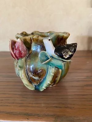 Majolica Style Small Vase Green/brown Glaze With Snail! • $12.50