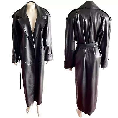 $525 • Buy Vakko Genuine Leather Black Trench Coat Long Vintage Soft XS