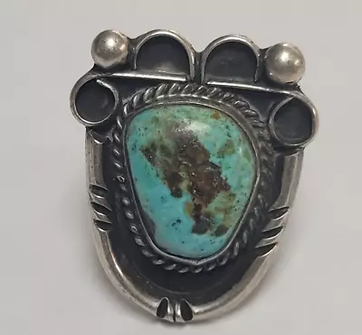 Vtg Turquoise & Silver Native American Bear Paw Ring Stone Size 6 3/4 • $28