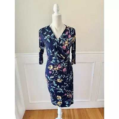 Melissa Masse Stretch Floral Wrap Dress Navy Blue M • $39