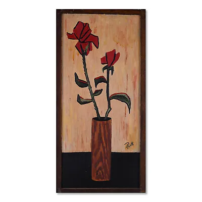 Vintage Modernist Oil On Panel  Flowers In Vase  • $180