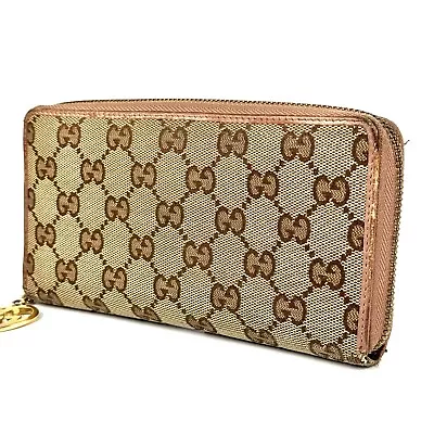 Gucci Round Zipper Long Wallet Pink GG Canvas USED X03-0102 • $99.99