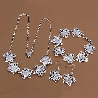 925 Silver Fashion Women Lady Flower Earring Necklace Bracelet Set Jewelry 925 • $4.89