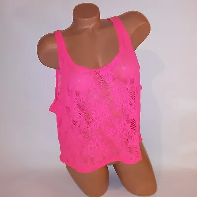 Victoria Secret PINK Tank Top Large Neon Pink Sleeveless Muscle Tee Allover Lace • $29.99