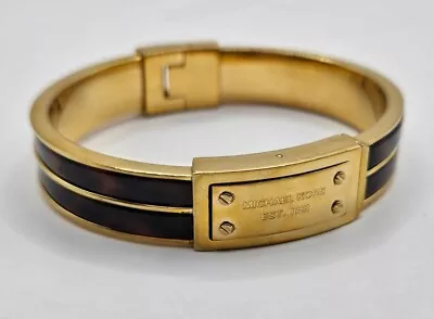 MICHAEL KORS EST 1981 Gold Tone Logo I.D. Bracelet Bangle Leopard Brown Enamel • $29.99