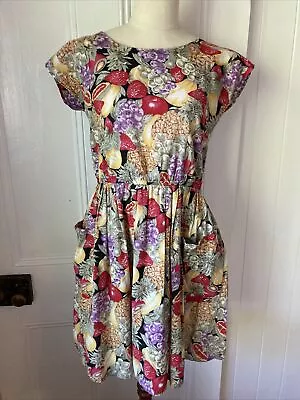 Dangerfield Size 8 Vintage Fruit Salad Print Fit & Flare Dress With Pockets Cap • $33