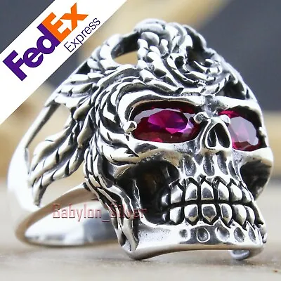 Turkish 925 Sterling Silver Ruby Gothic Skull Biker Luxury Men's Ring All Sizes • $54.81